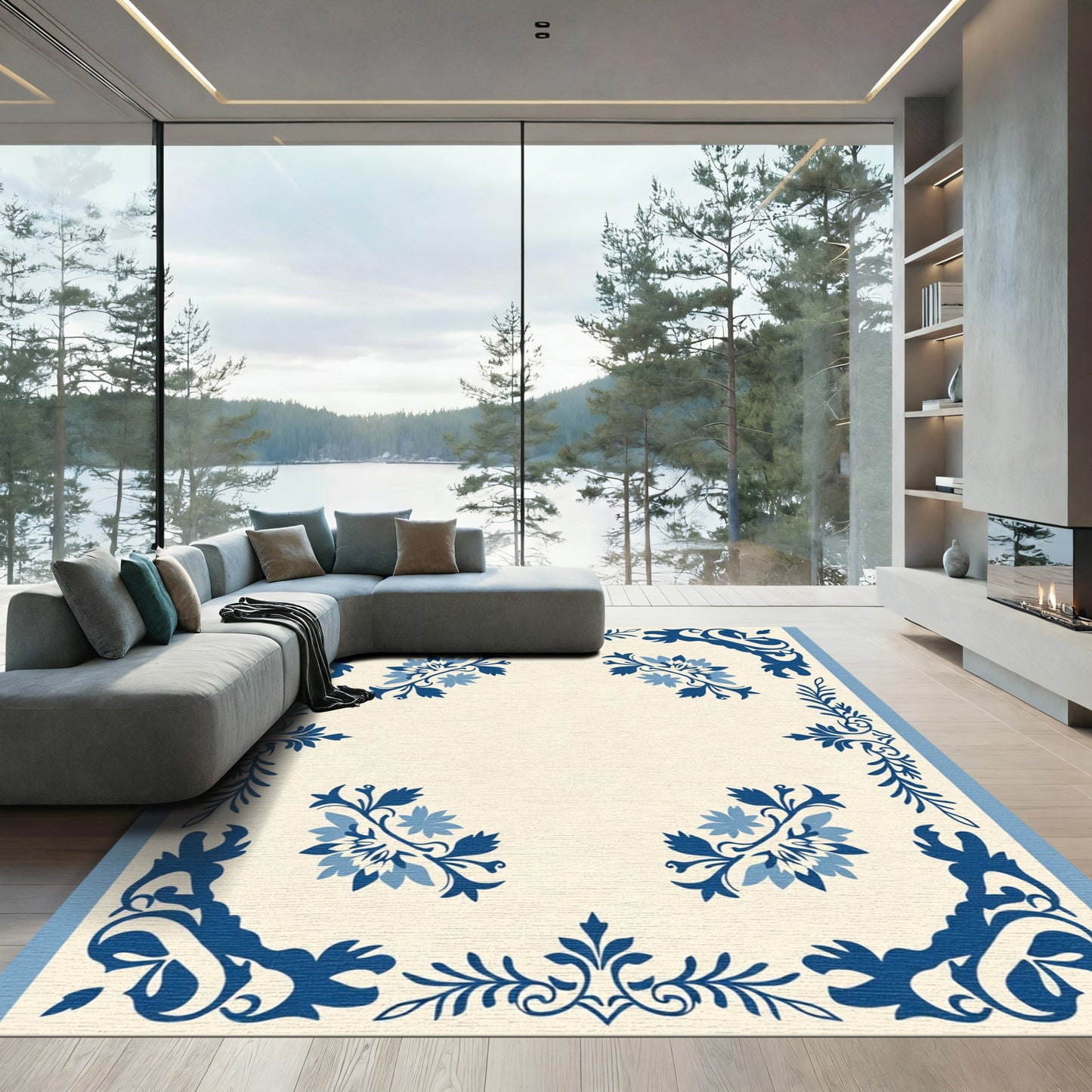 Classic Blue Floral Corner Border Rug
