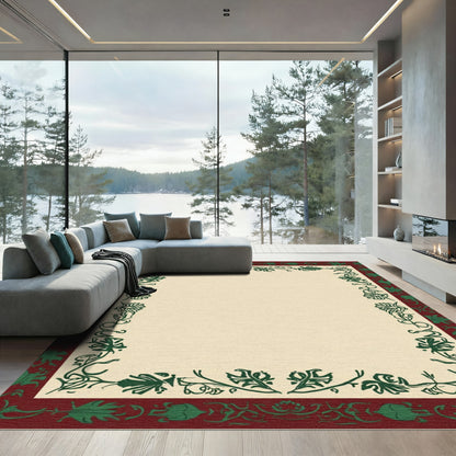 Deep Red Green Floral Vine Border Rug