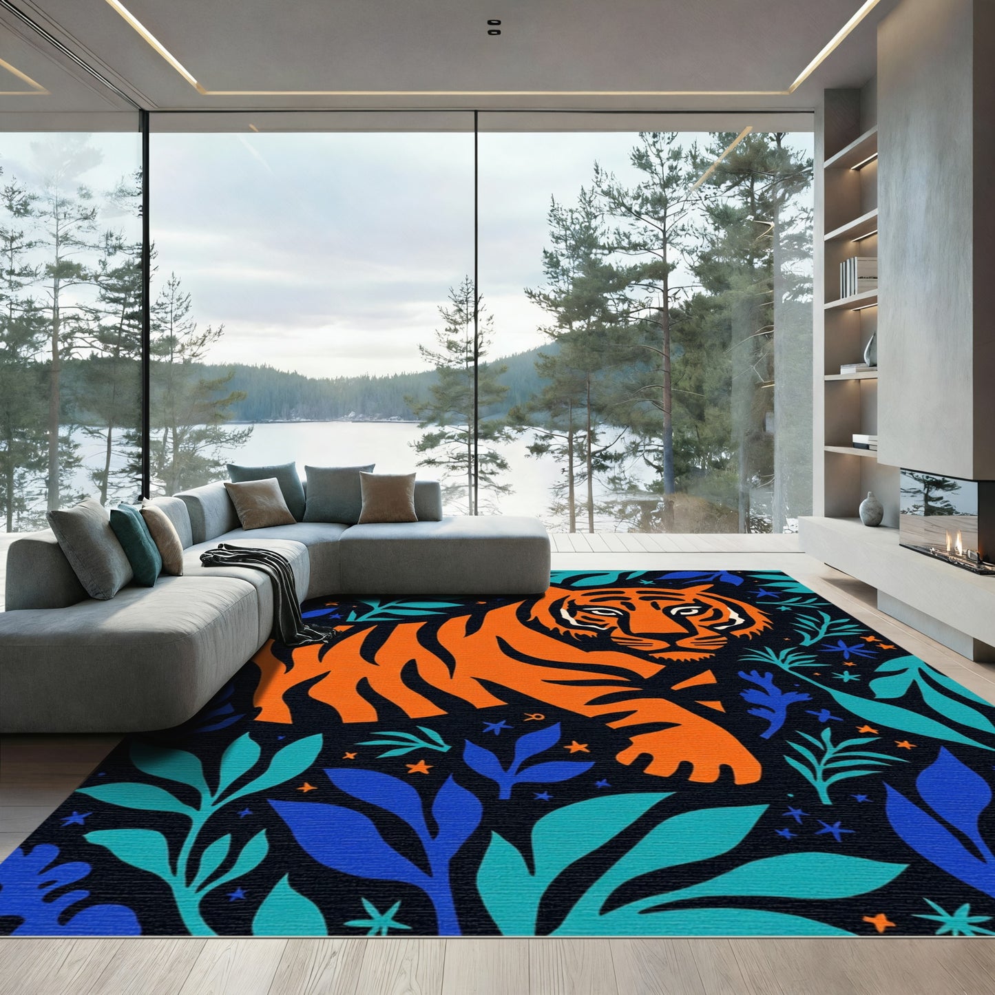 Bold Orange Tiger Jungle Scene Rug