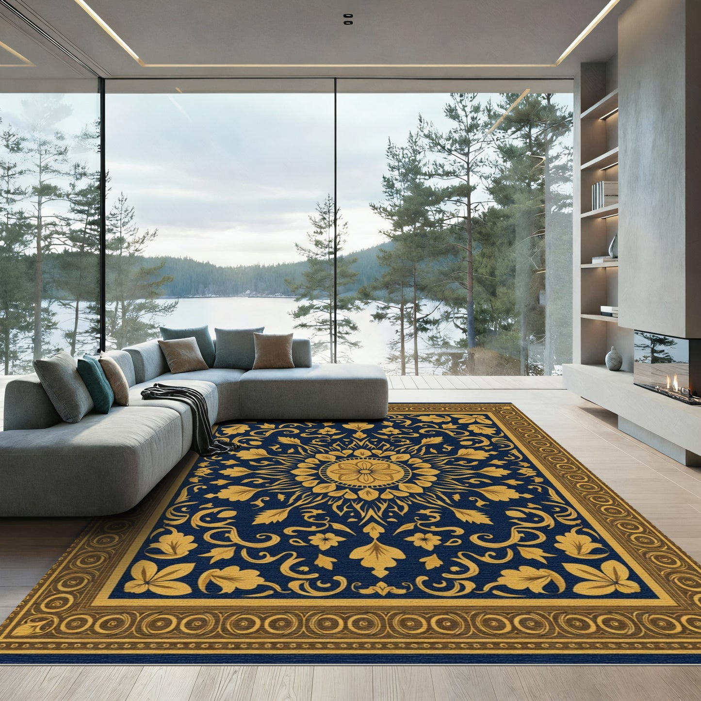 Golden Floral Medallion Navy Rug