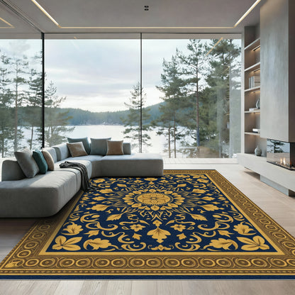 Golden Floral Medallion Navy Rug
