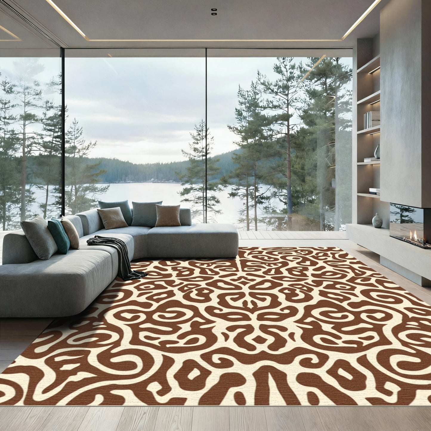 Brown Cream Abstract Organic Swirl Rug