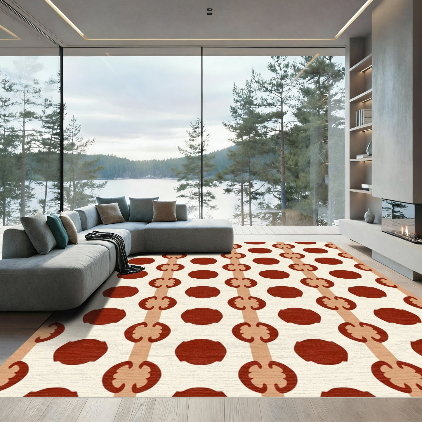 Crimson Circles Vertical Stripe Arrangement Rug
