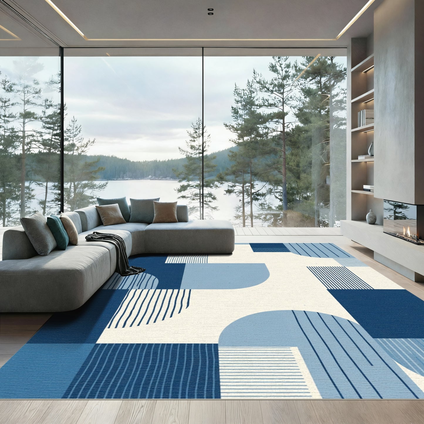 Geometric Navy Blue Abstract Forms Rug