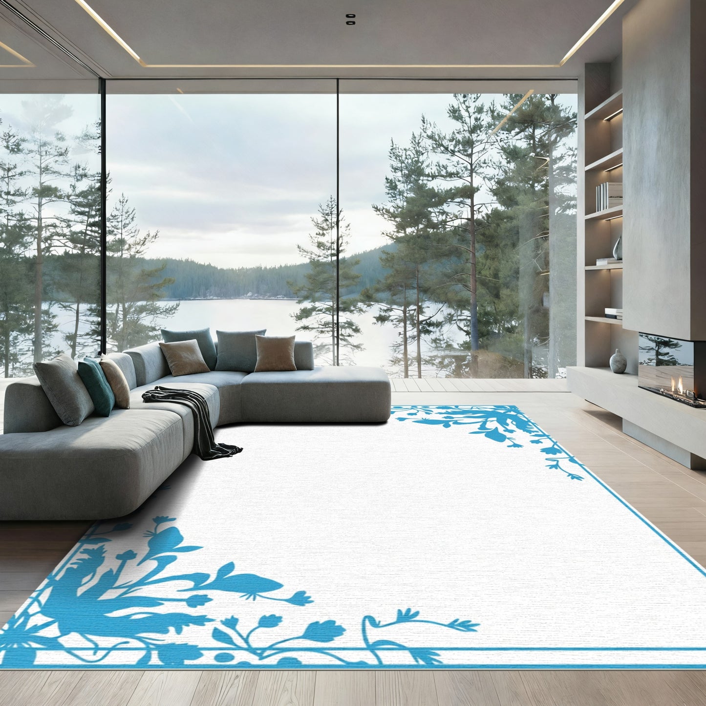Blue Floral Corner Border Rug