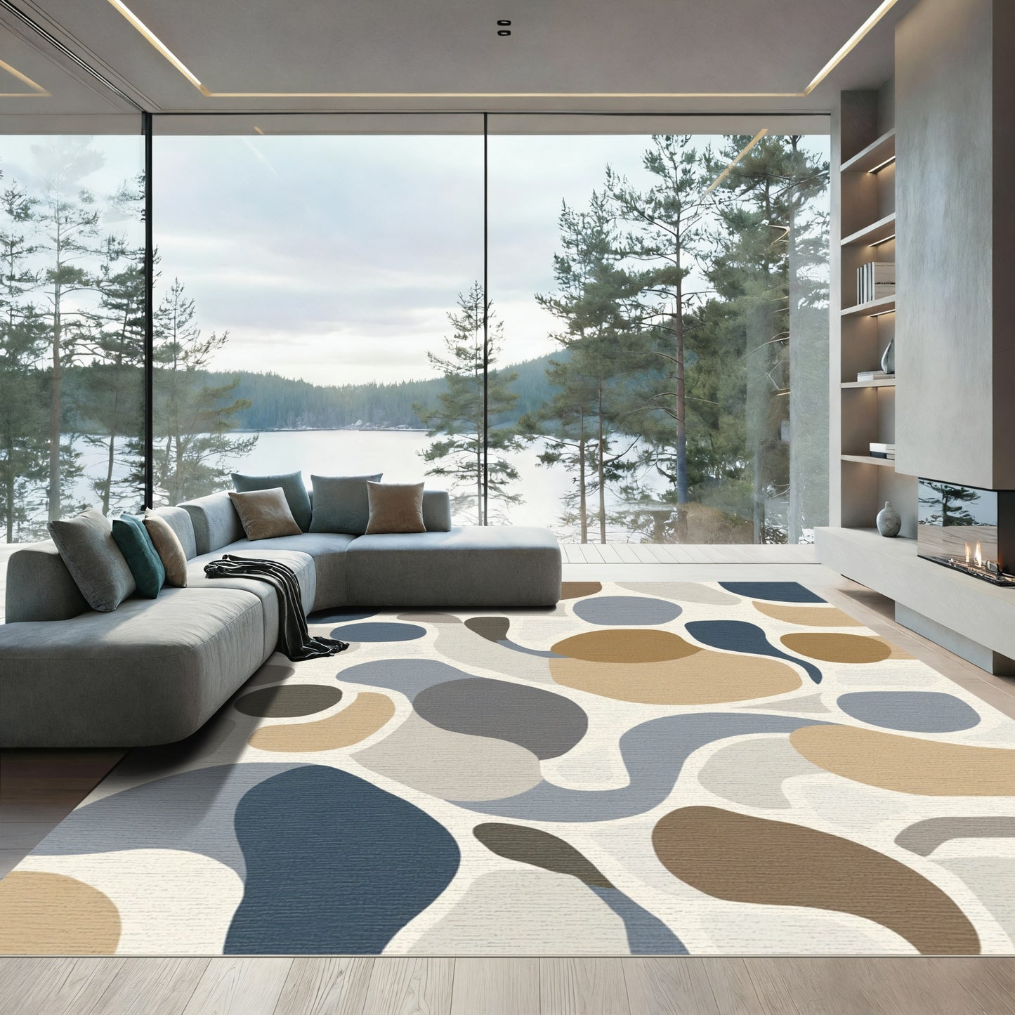 Abstract Tan Blue Gray Shapes Rug