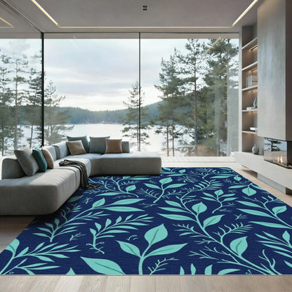 Navy Teal Delicate Botanical Branches Rug