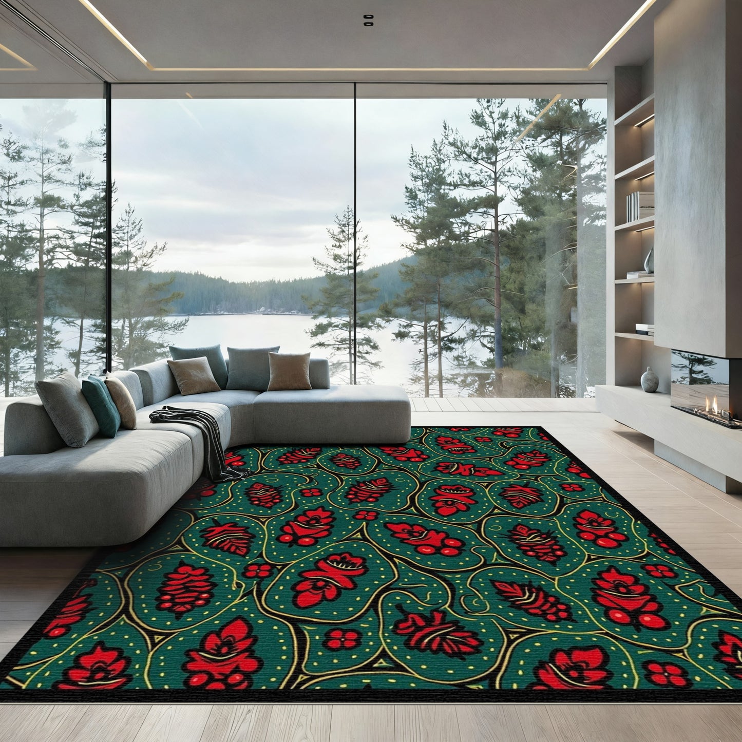 Red Floral Medallions Green Organic Rug