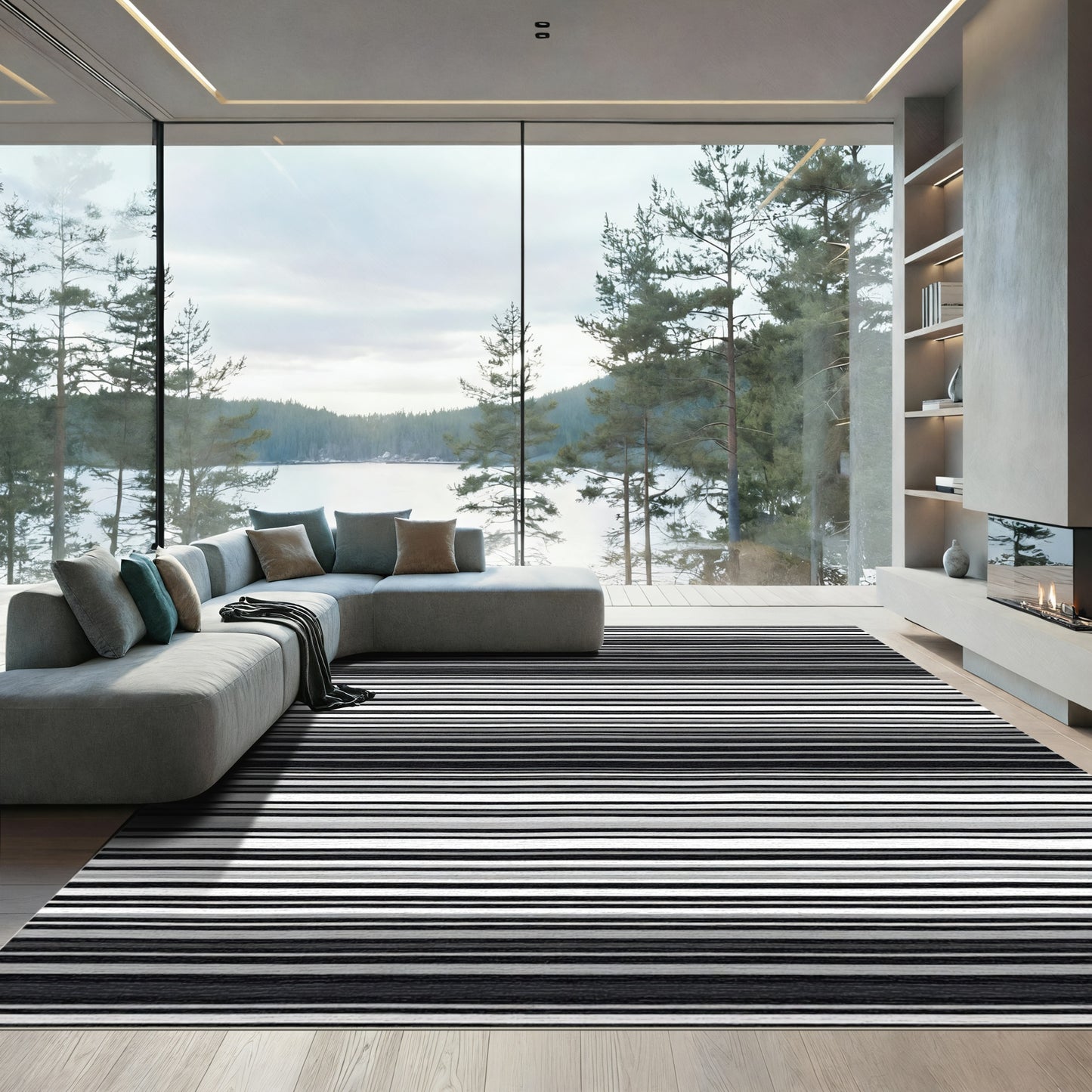 Abstract Black Gray White Stripe Area Rug