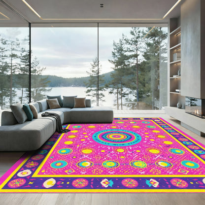 Vibrant Pink Blue Yellow Medallion Rug