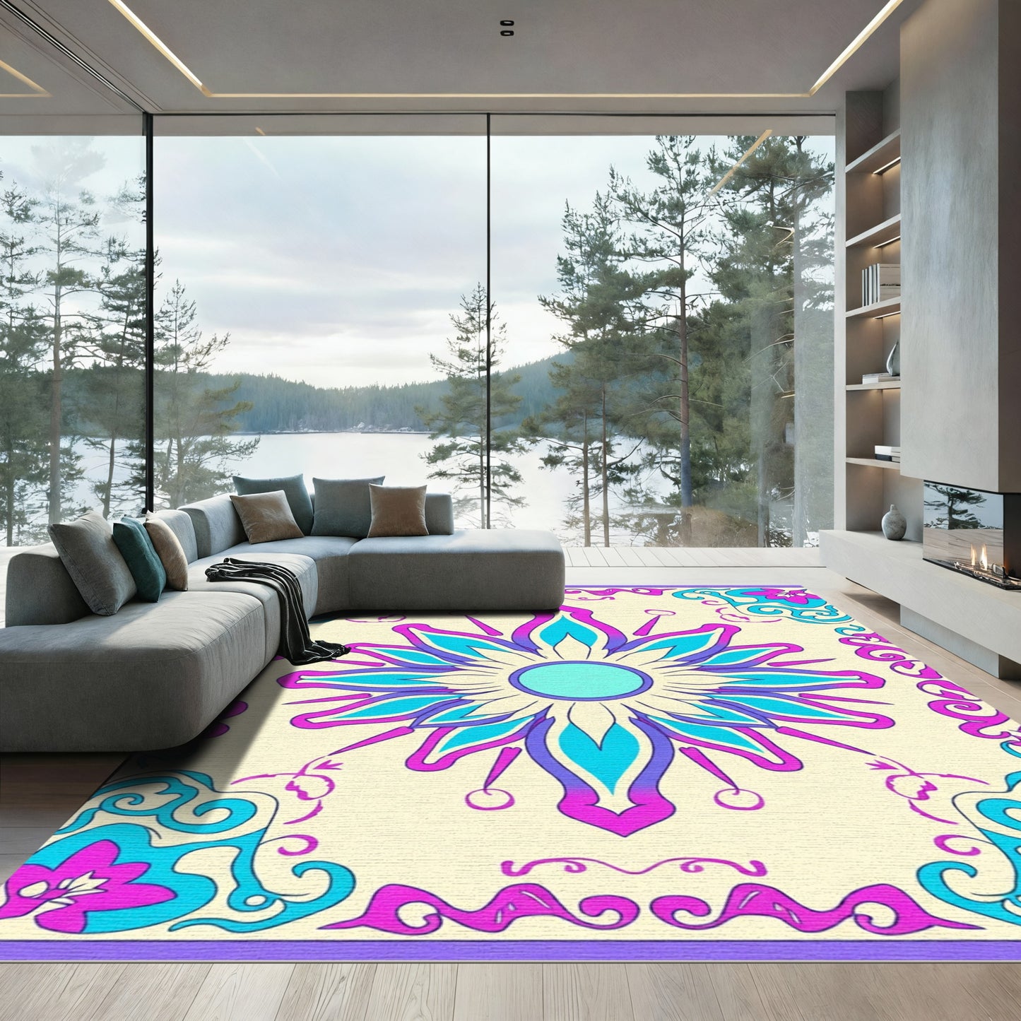 Vibrant Purple Teal Floral Mandala Rug