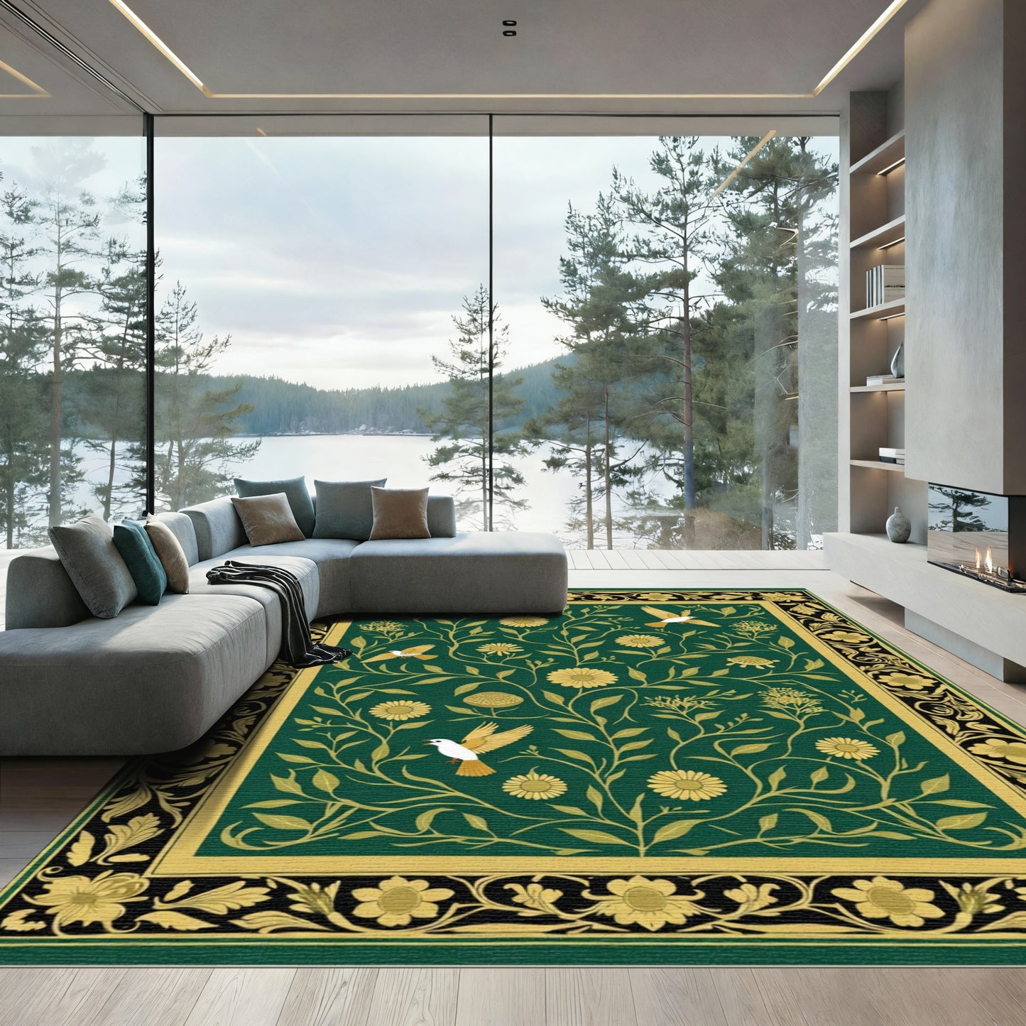 Emerald Floral Birds and Turtles Rug