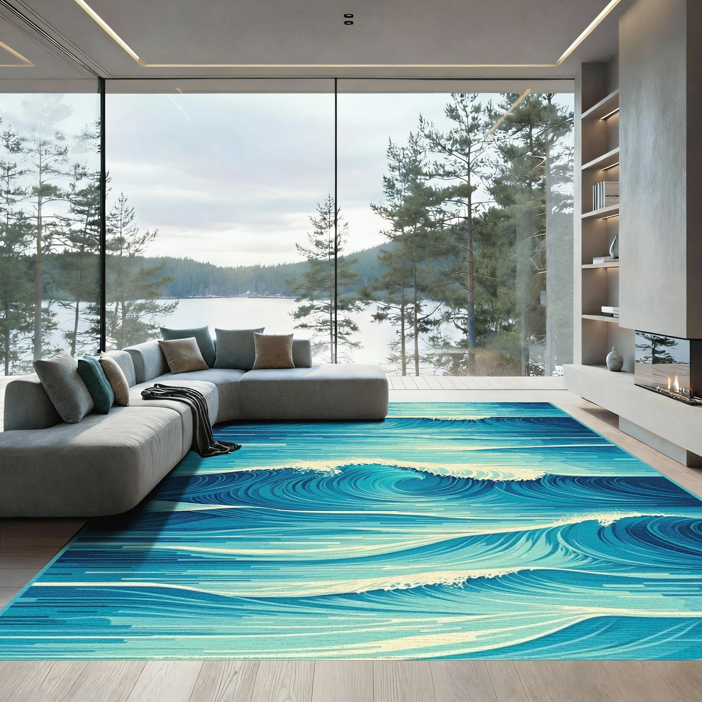 Teal Abstract Curling Waves Rug