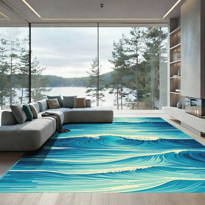 Teal Abstract Curling Waves Rug