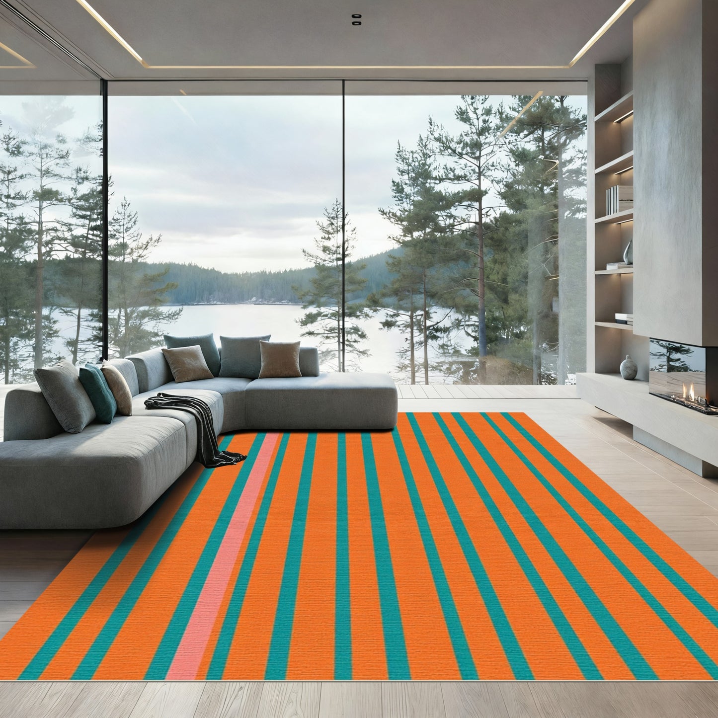 Bold Orange Turquoise Vertical Stripe Rug