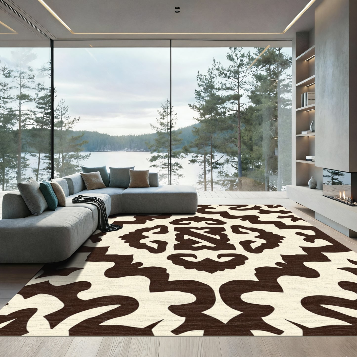 Dark Brown Cream Medieval Floral Rug