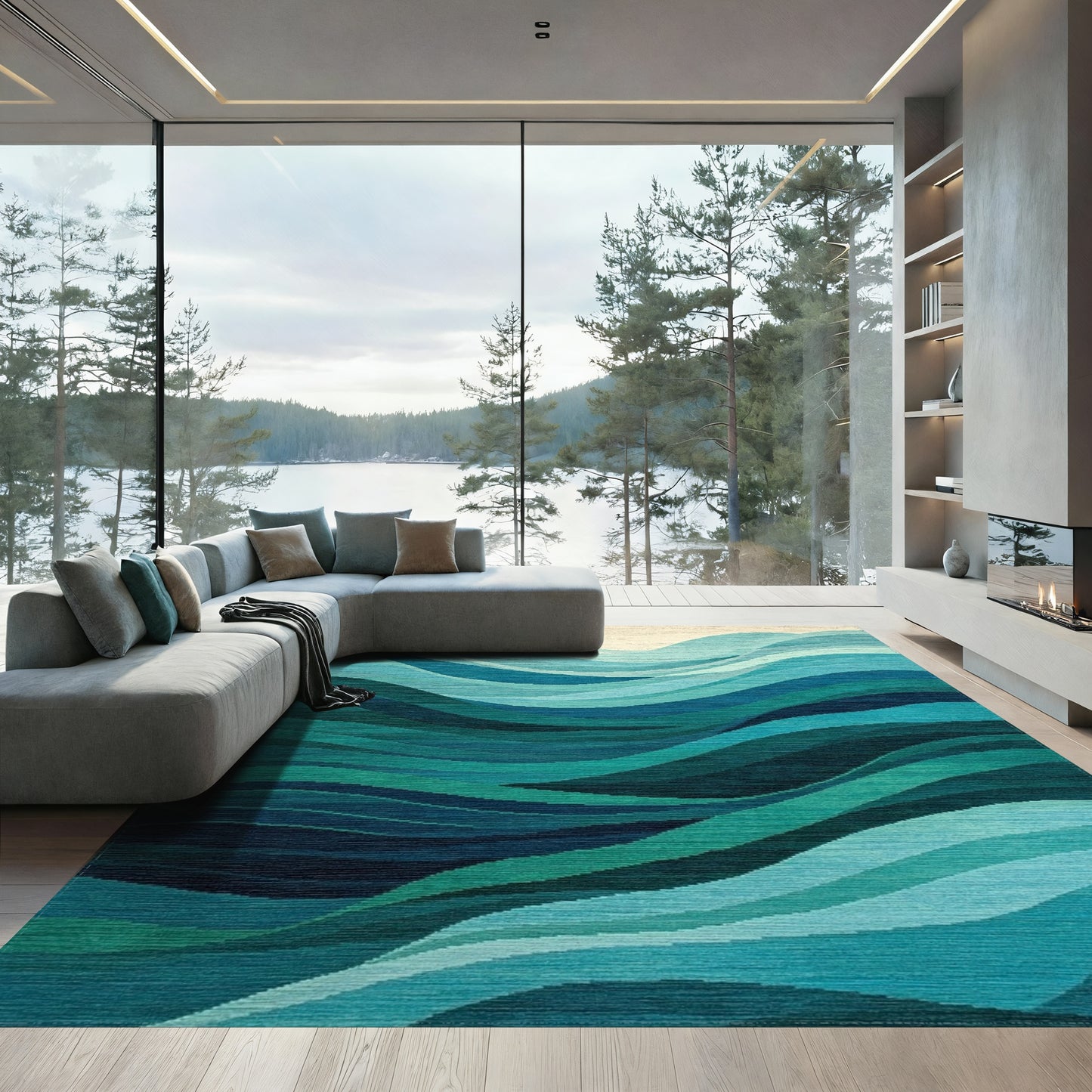 Teal Layered Waves Rug