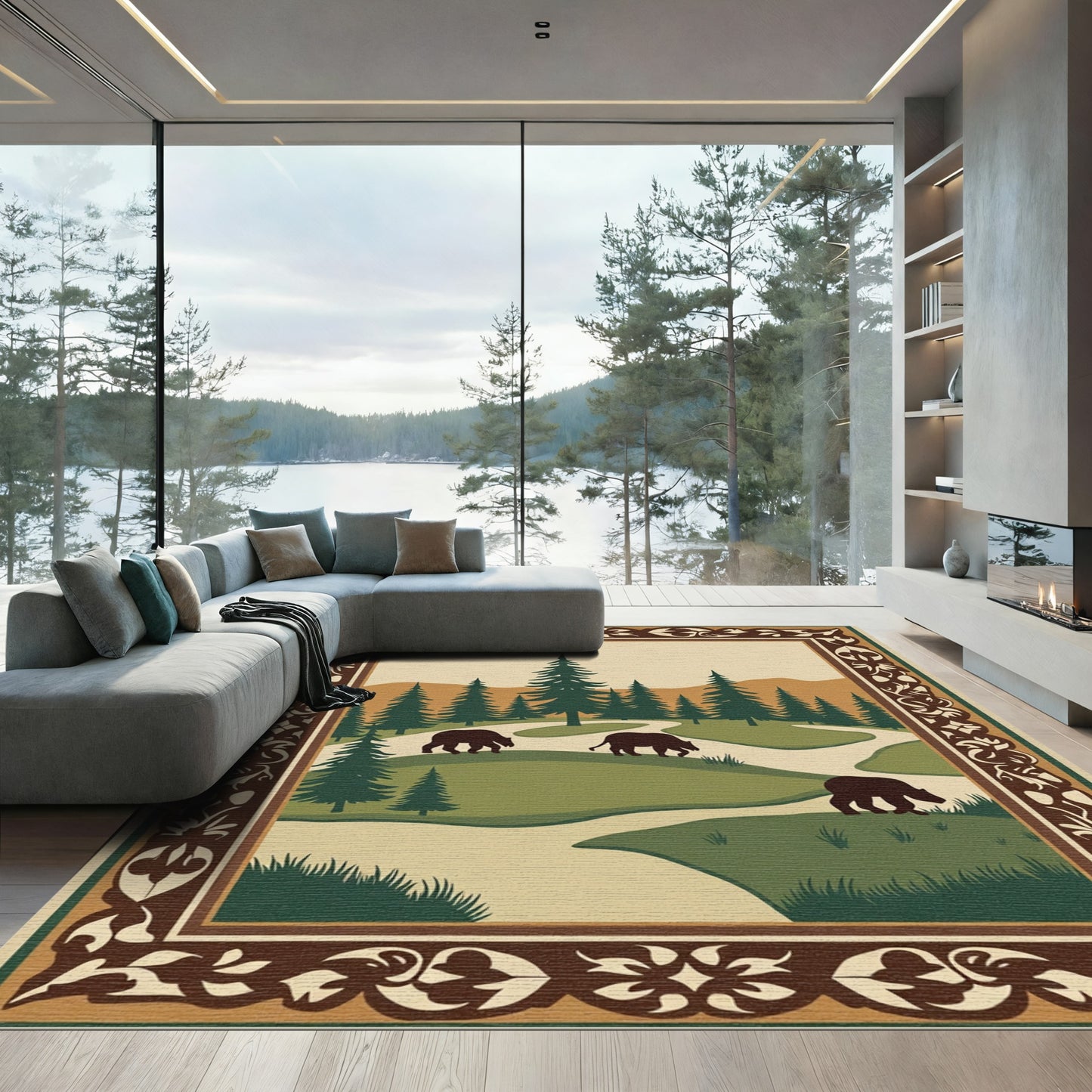 Woodland Bears Forest Scenic Border Rug