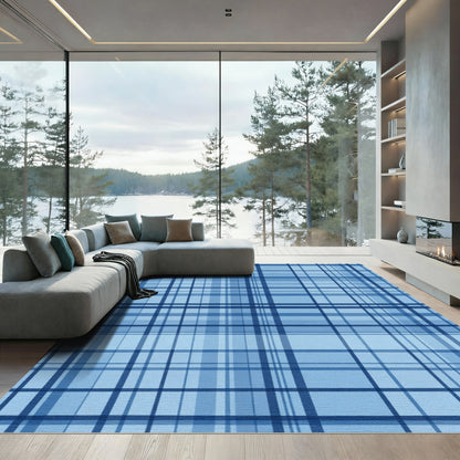 Classic Blue Plaid Lines Rug