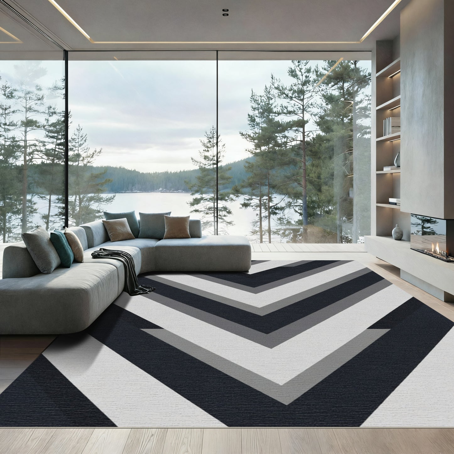 Modern Charcoal Gray Chevron Stripe Rug