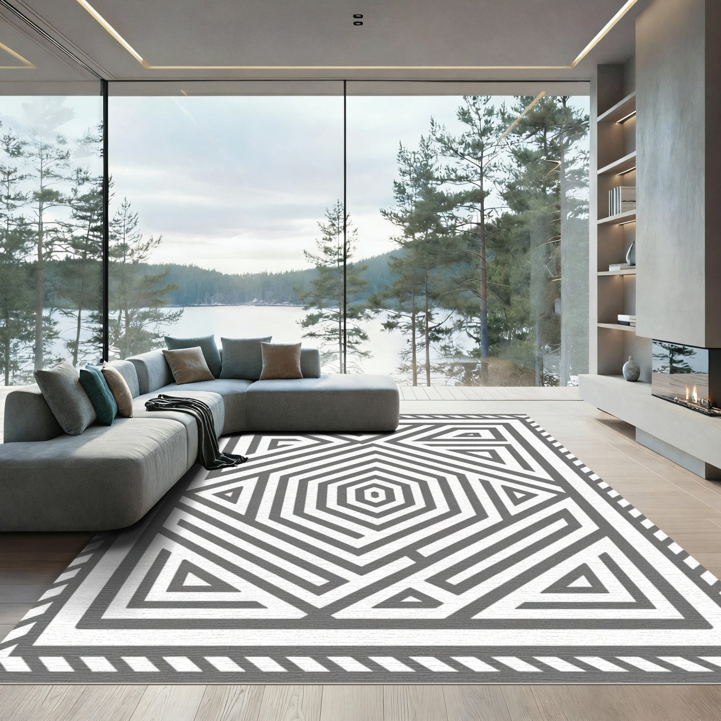 Gray Geometric Hexagon Maze Rug