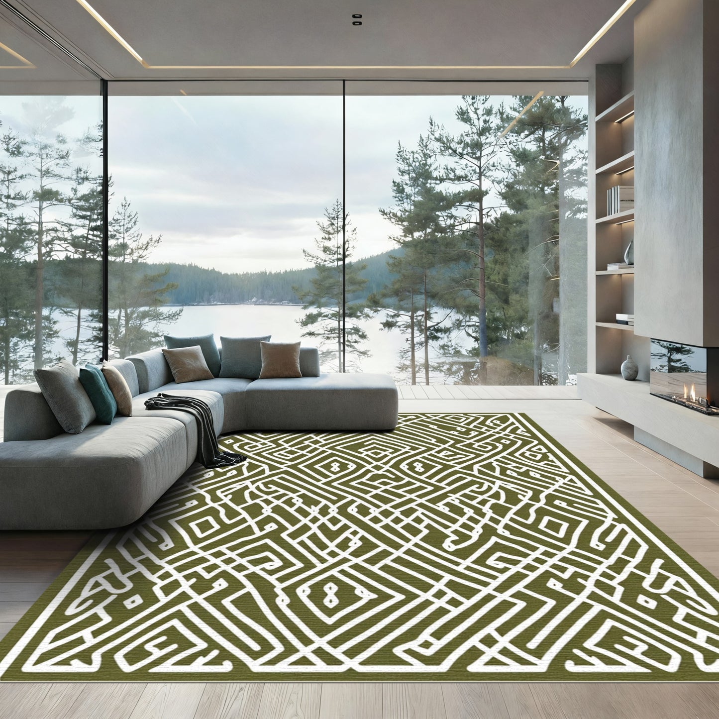 Olive White Geometric Maze Rug