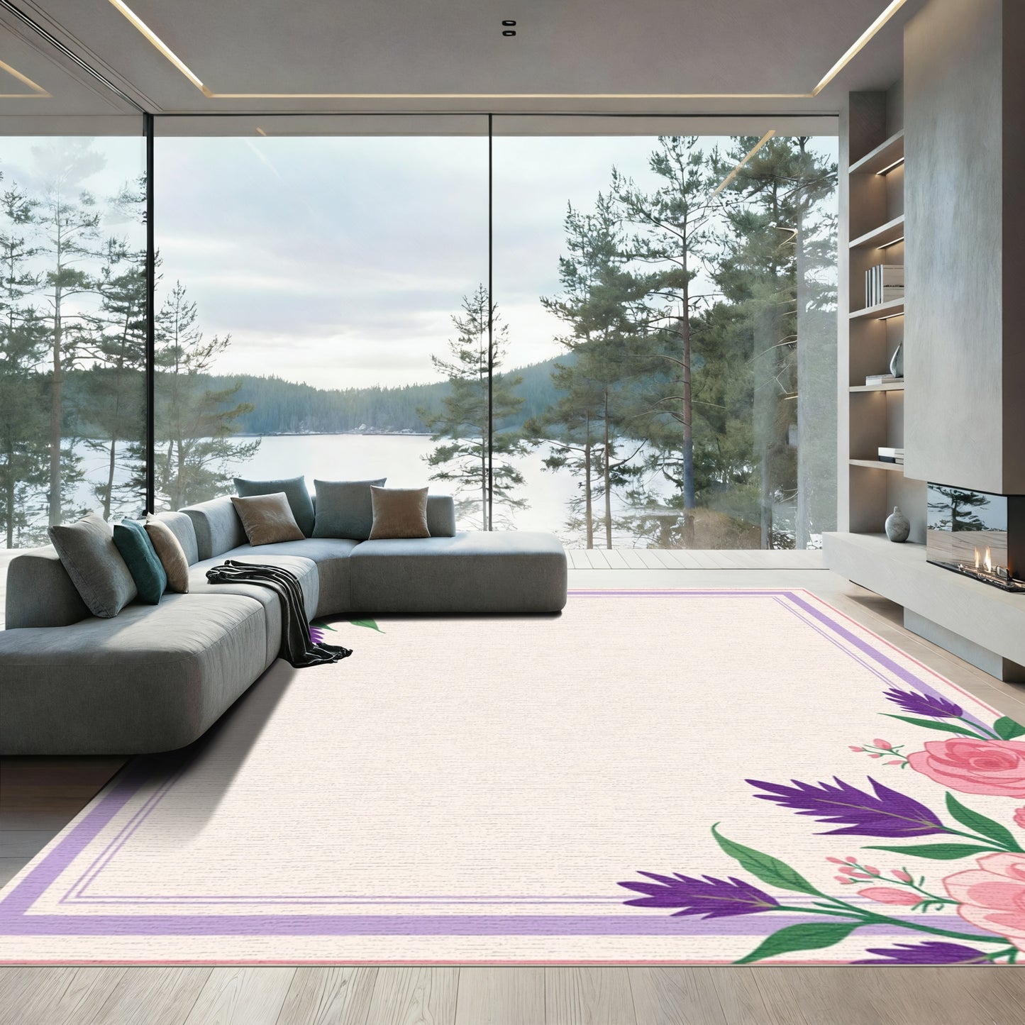 Pink Rose Purple Floral Border Rug
