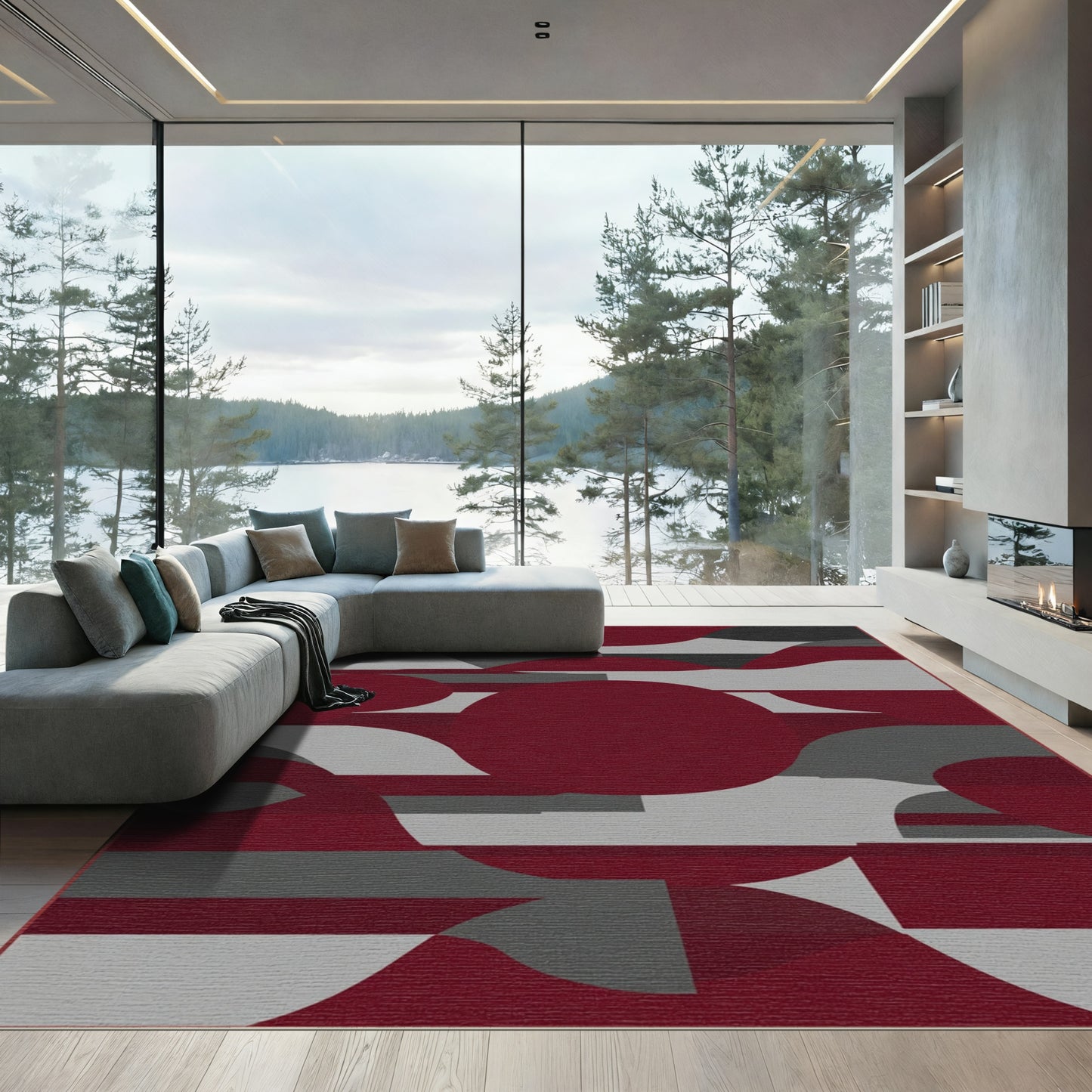 Crimson Gray Abstract Circles Overlay Rug