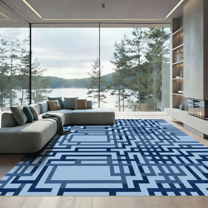 Navy Blue Interlocking Geometric Lines Rug