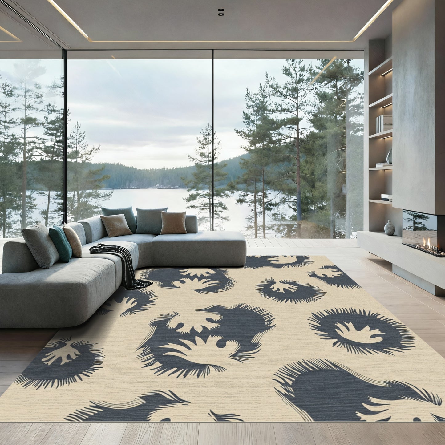 Deep Blue Abstract Fern Swirl Rug