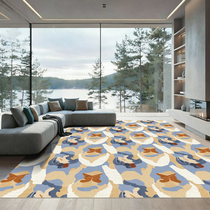 Earthy Tan Blue Abstract Shapes Rug