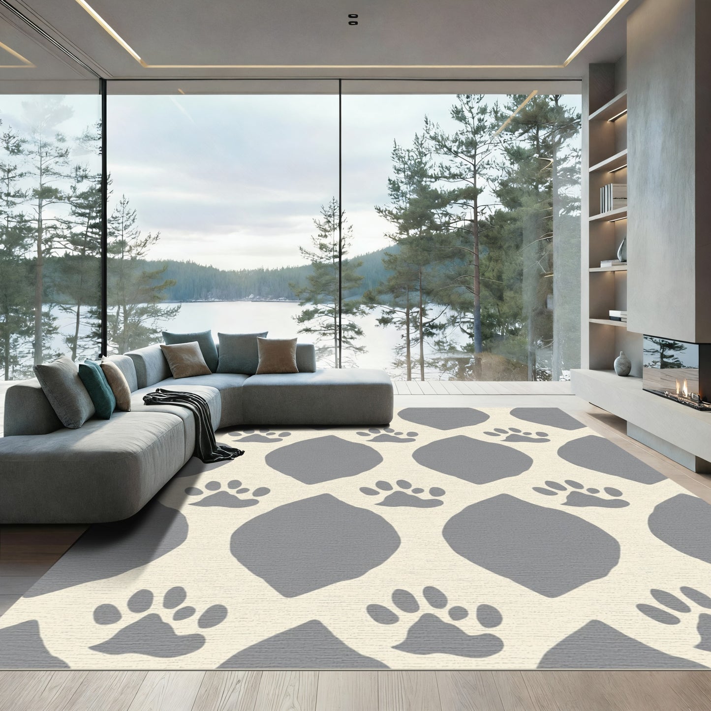 Gray Paw Print Cream Diamond Pattern Rug