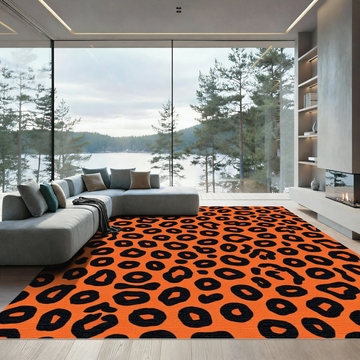 Bold Black Leopard Spots Orange Rug