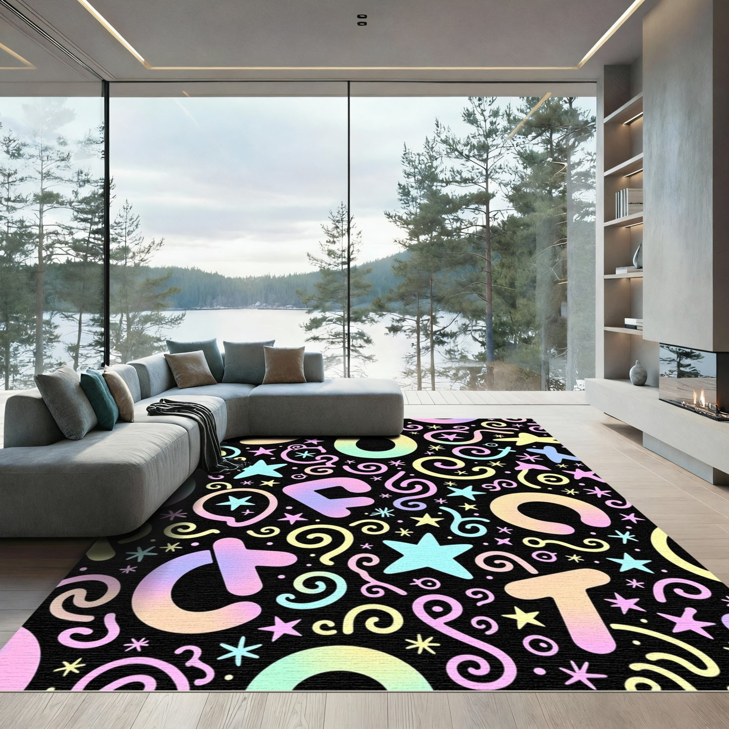 Pastel Rainbow Alphabet Stars Swirls Rug