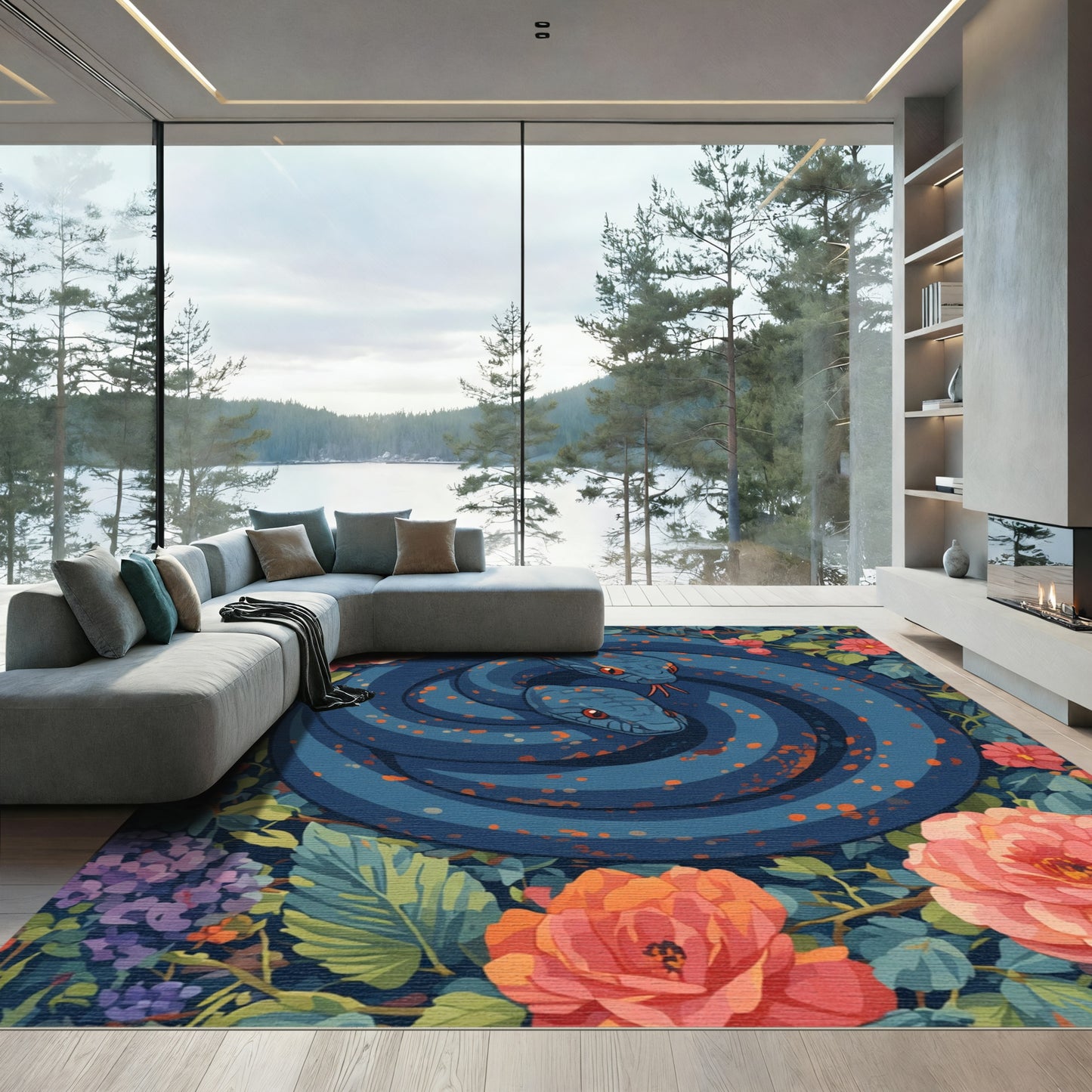 Serpent Floral Garden Blue Rug