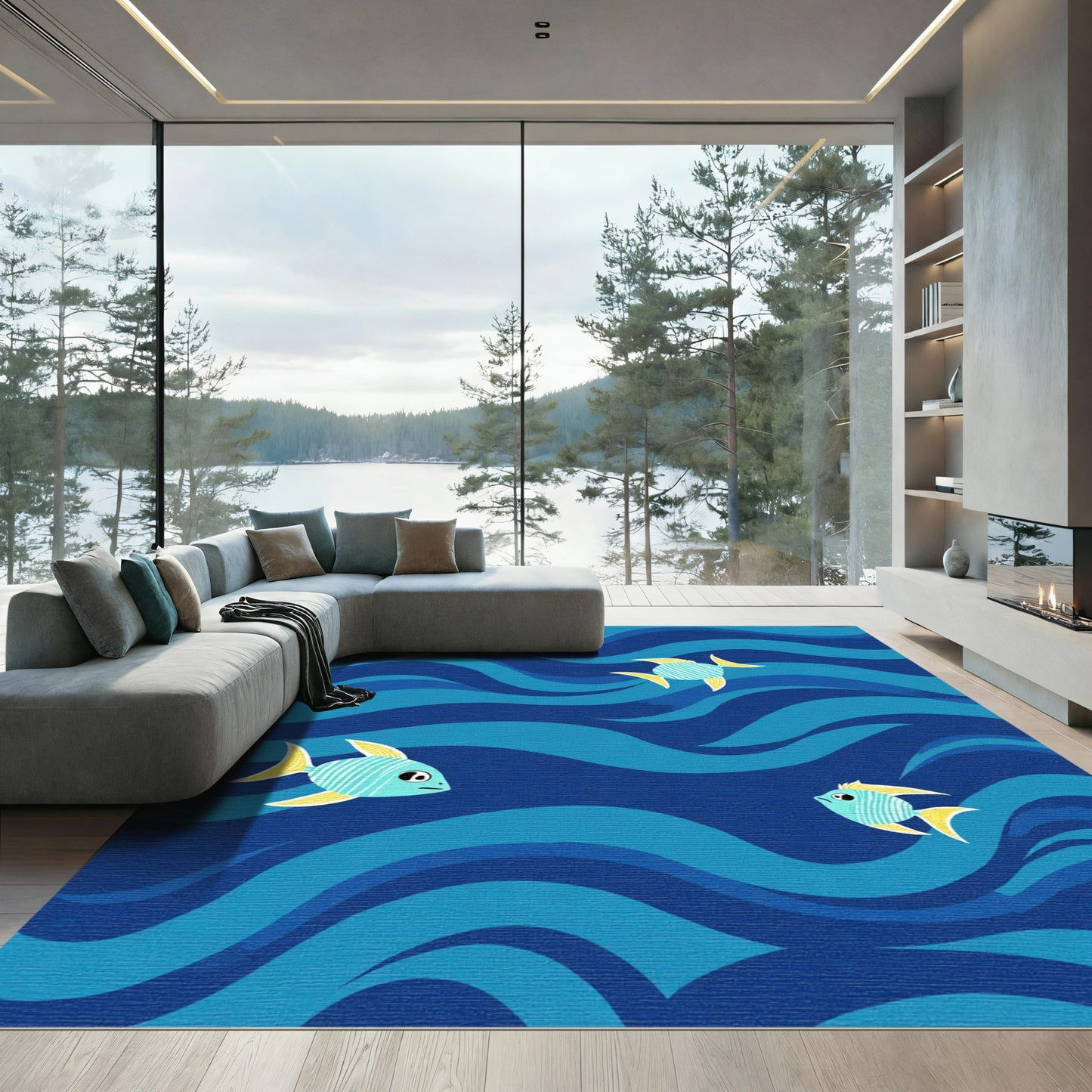 Playful Teal Fish in Blue Waves Rug