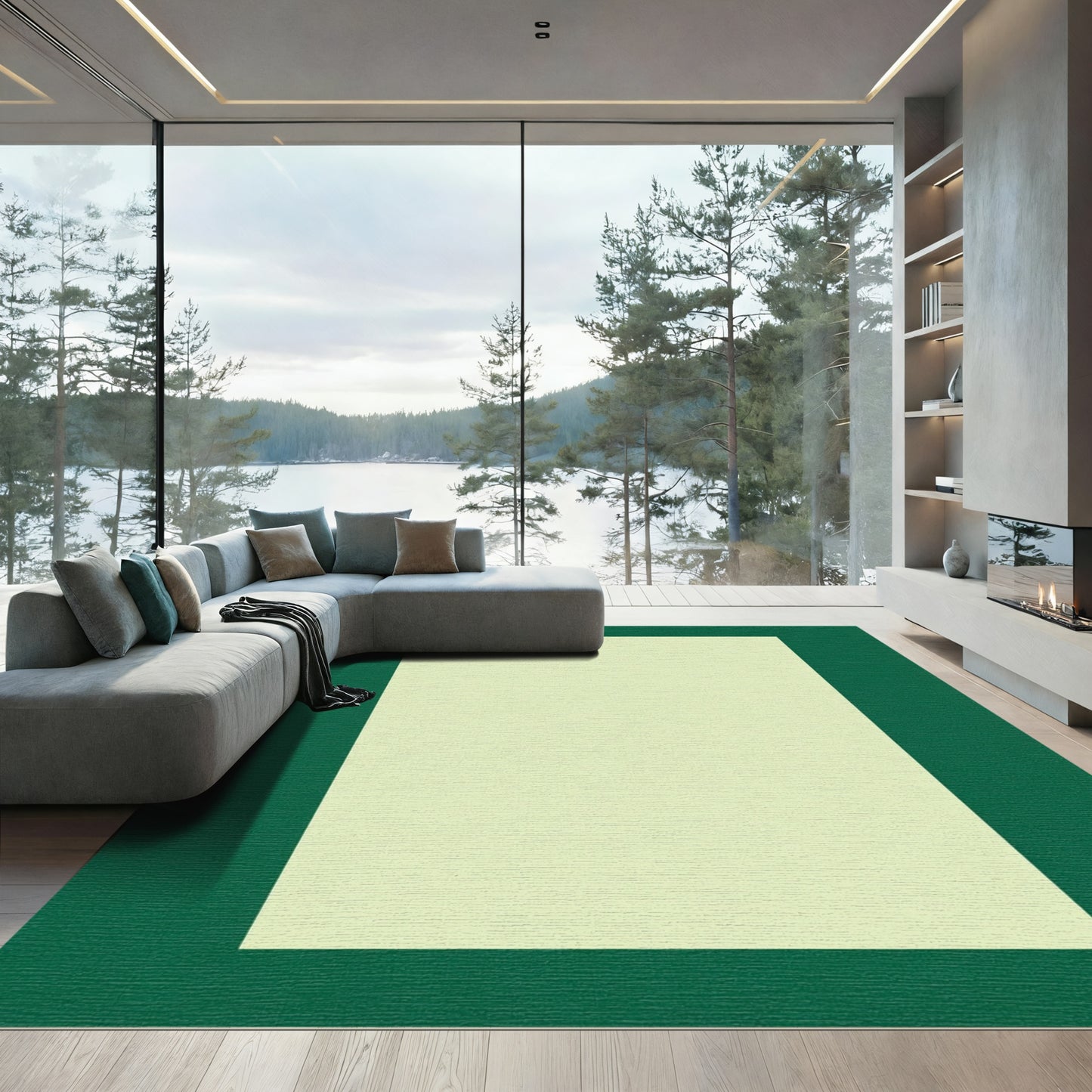 Deep Forest Green Light Ivory Border Rectangular Rug