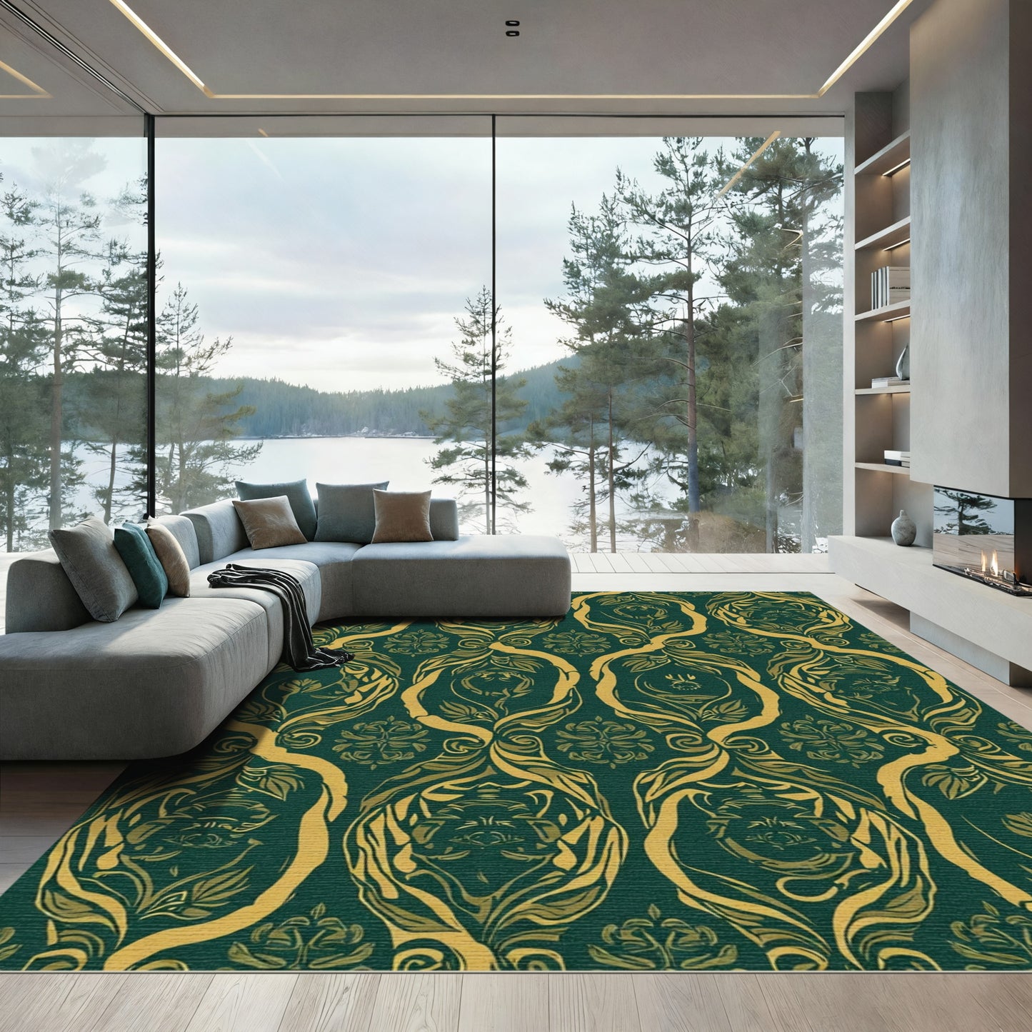 Emerald Gold Arabesque Floral Rug