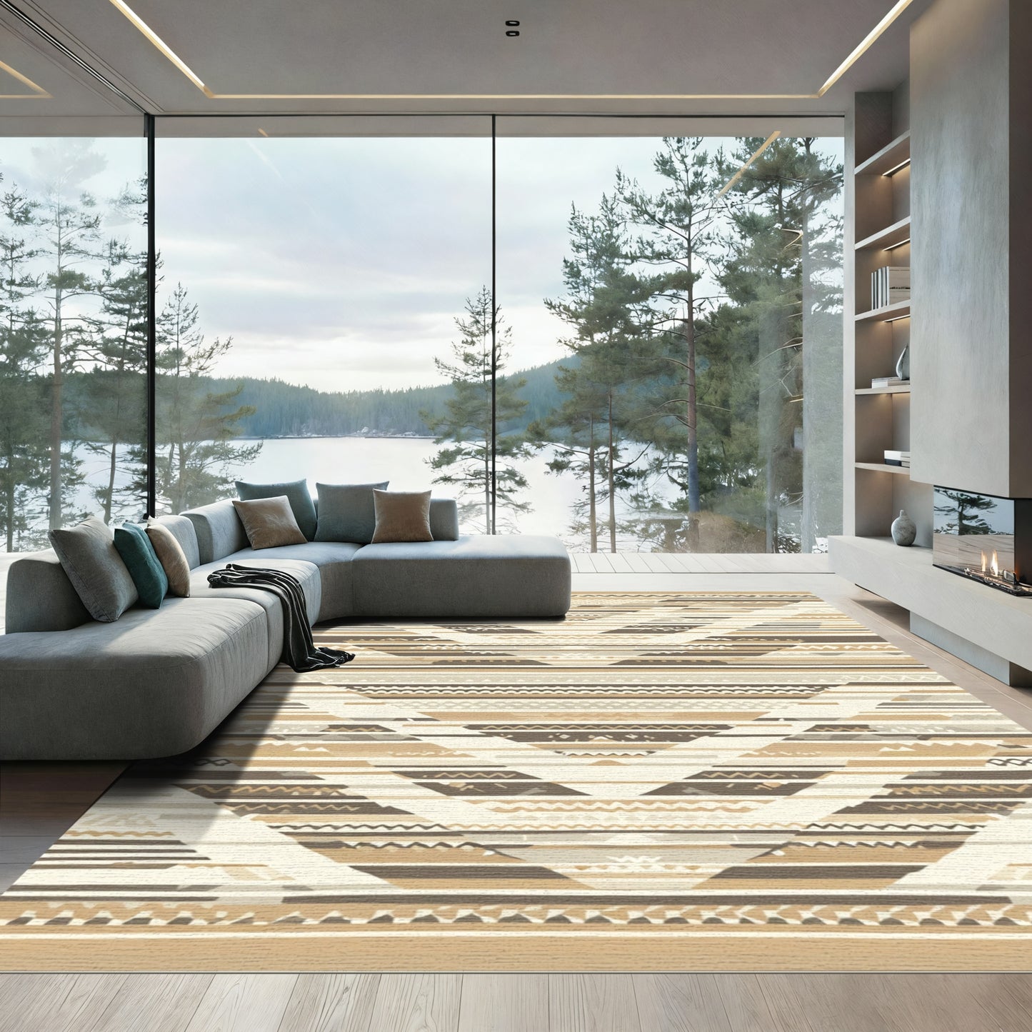Neutral Earth Tone Geometric Chevron Rug