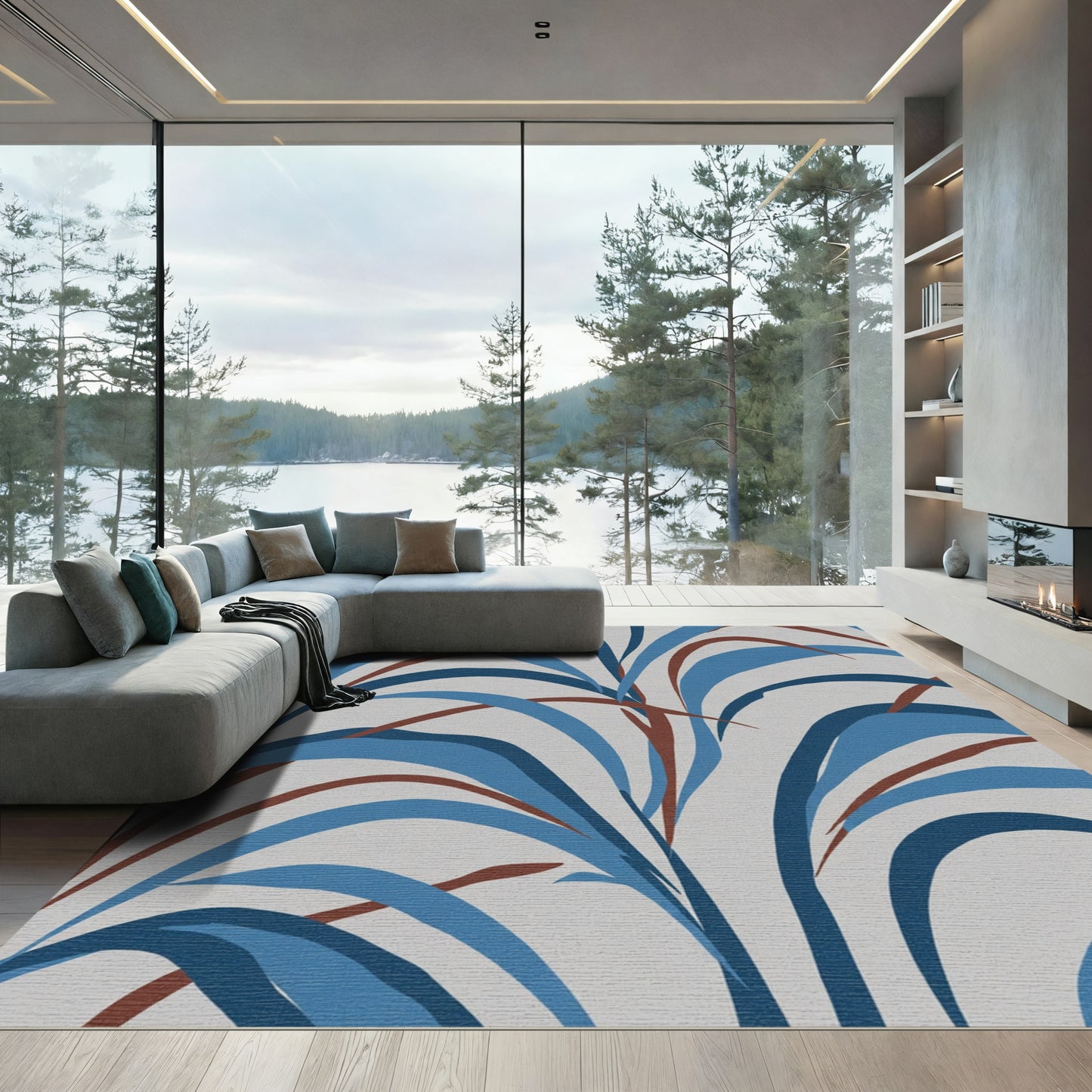Abstract Blue Arching Leaf Pattern Rug