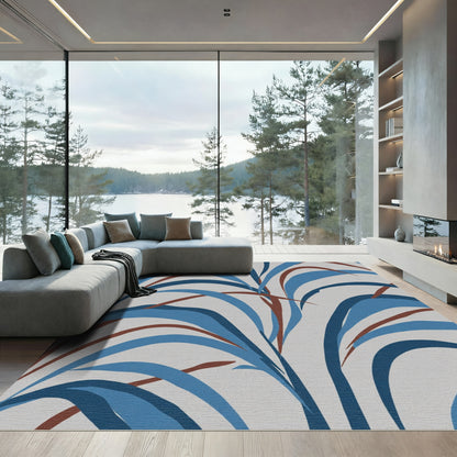 Abstract Blue Arching Leaf Pattern Rug
