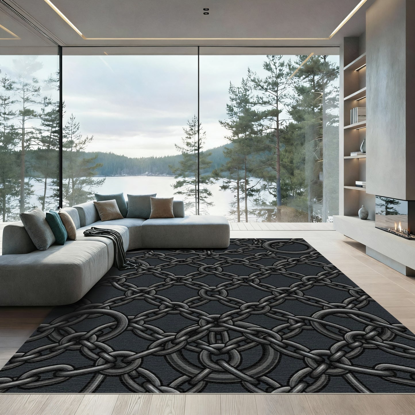 Dark Gray Interlocking Chain Links Rug