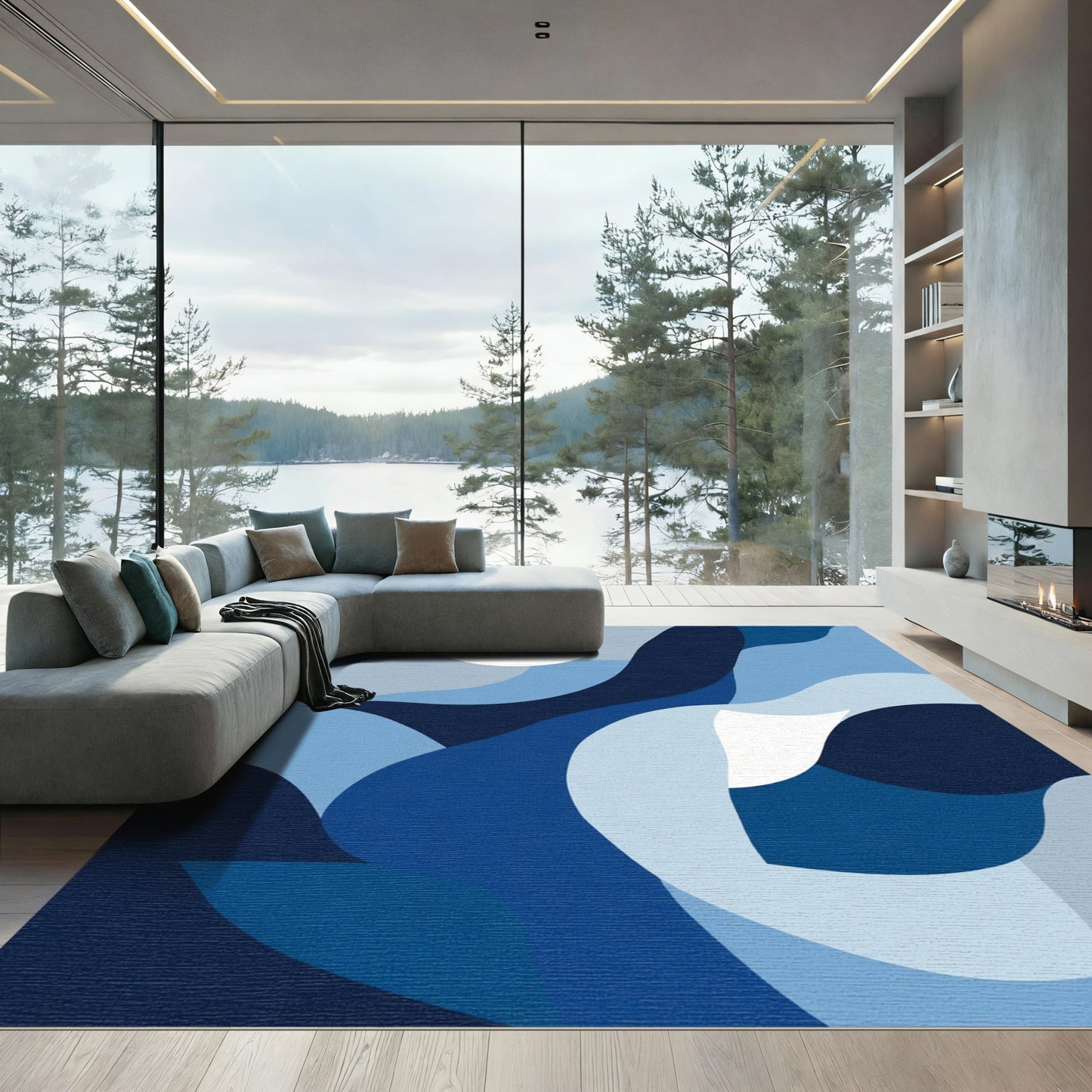 Oceanic Blue Abstract Wave Forms Rug