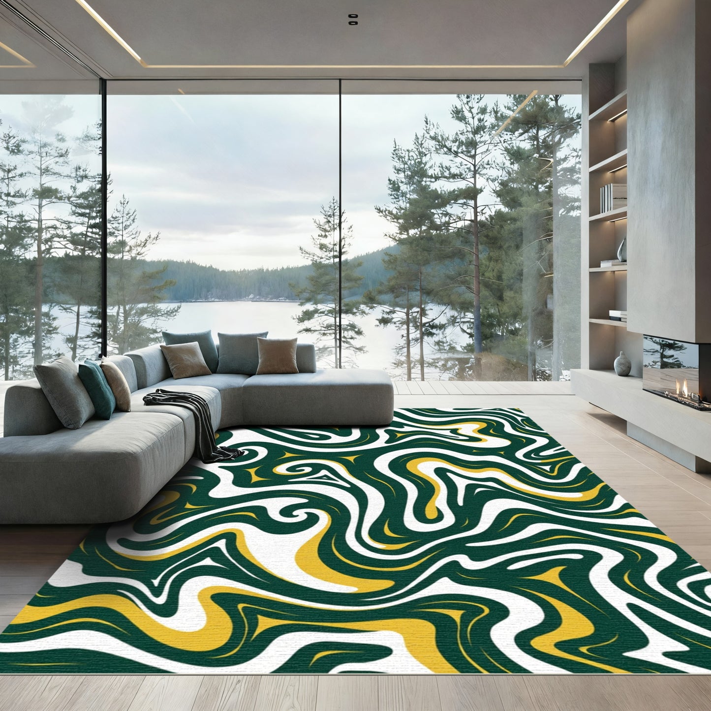 Swirling Emerald White Yellow Abstract Rug
