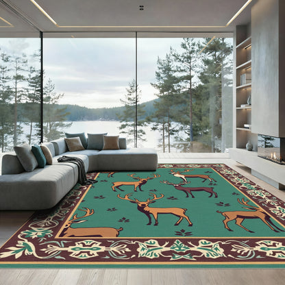 Forest Deer Emblematic Border Green Rug