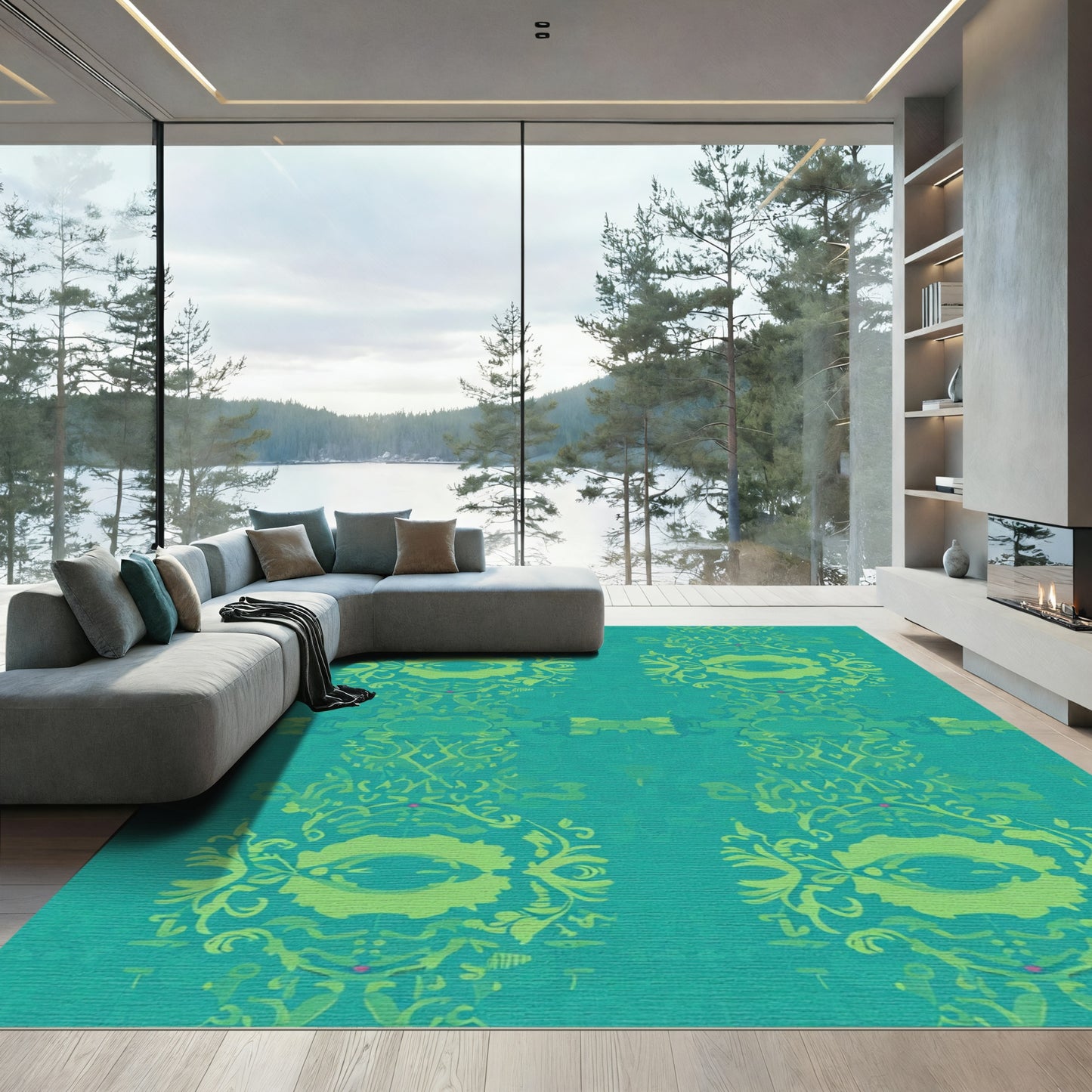 Emerald Green Ornate Scroll Border Rug