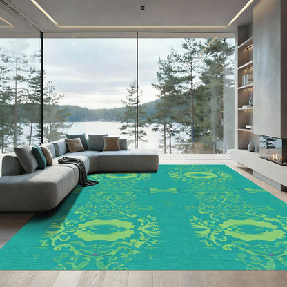 Emerald Green Ornate Scroll Border Rug