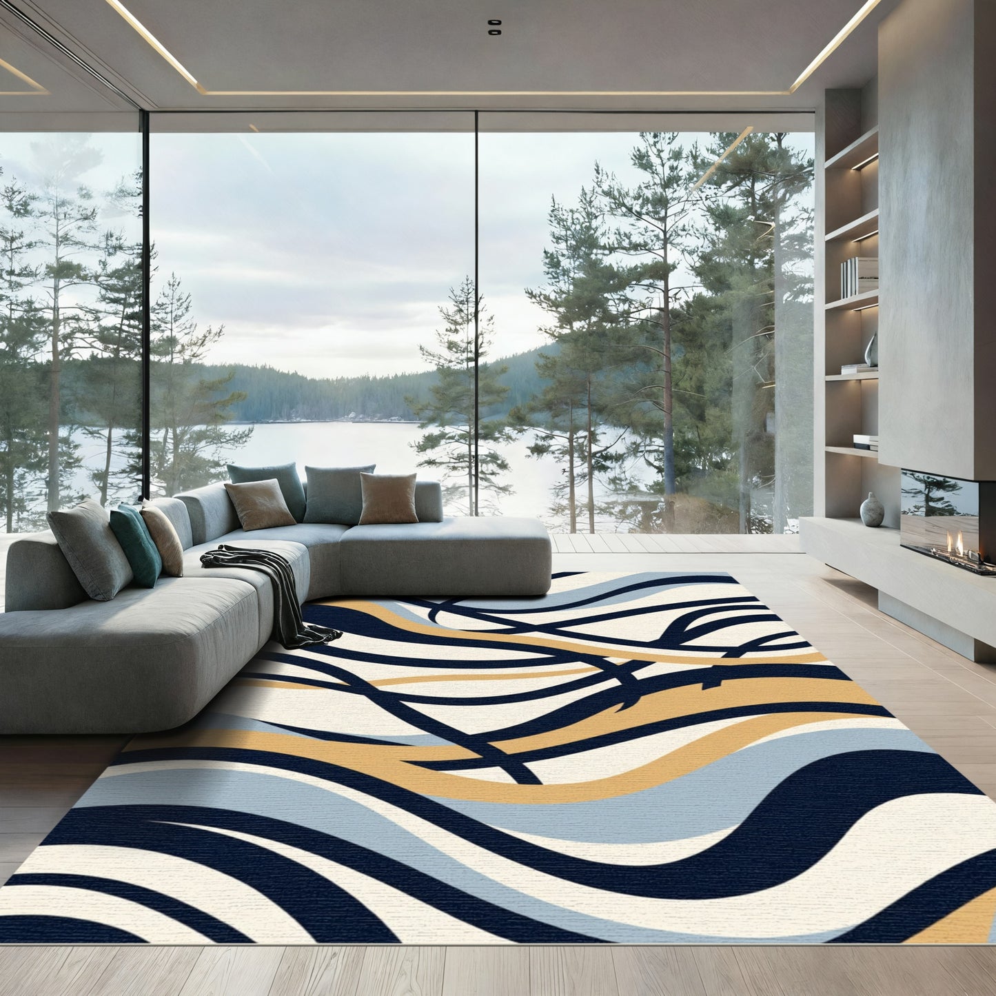 Bold Navy Gold Abstract Wave Rug
