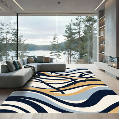 Bold Navy Gold Abstract Wave Rug