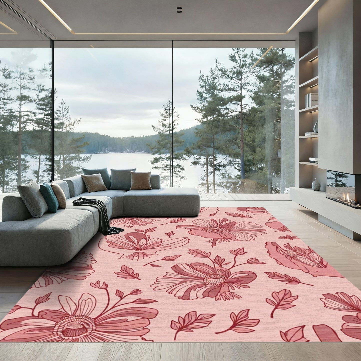 Coral Red Floral Branches Rug